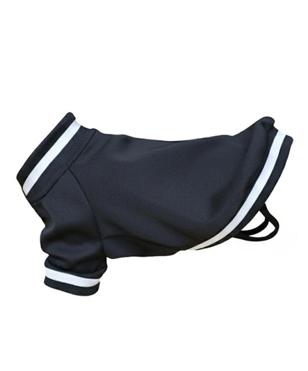 A dog's varsity jacket in black with white stripes, featuring a sporty design and a logo patch.