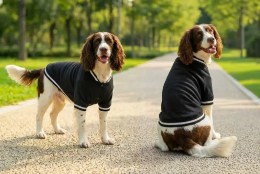 Two dogs wearing black varsity jackets with white stripes, standing on a path in a sunny park.