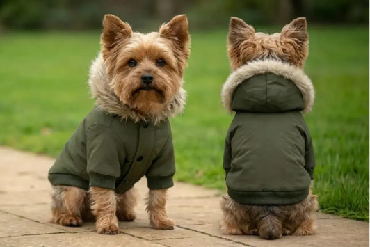 A dog’s parka jacket in olive green, featuring a faux fur trimmed hood, worn by two small dogs in a grassy area.