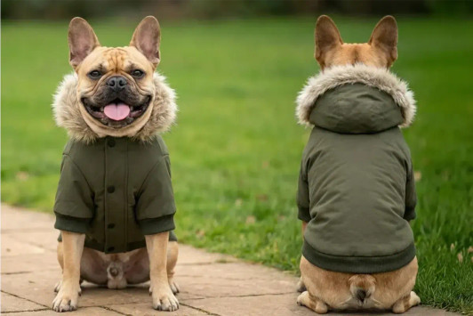 A dog parka jacket in olive green, featuring a fur-lined hood, worn by a French Bulldog from the front and back.