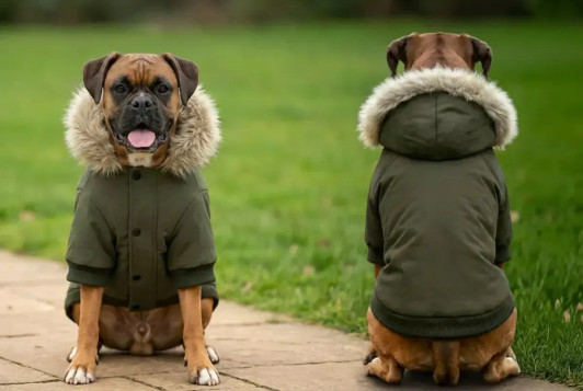 A dog in a green parka jacket with a fur-lined hood sits on a path, facing forwards and backwards.