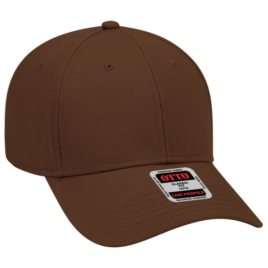 A brown 6 panel low profile baseball cap with a branded label on the front.