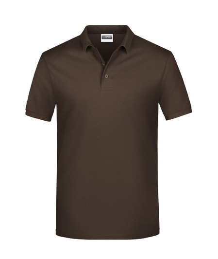 A brown polo shirt with a collar and three buttons, featuring a logo on the chest.
