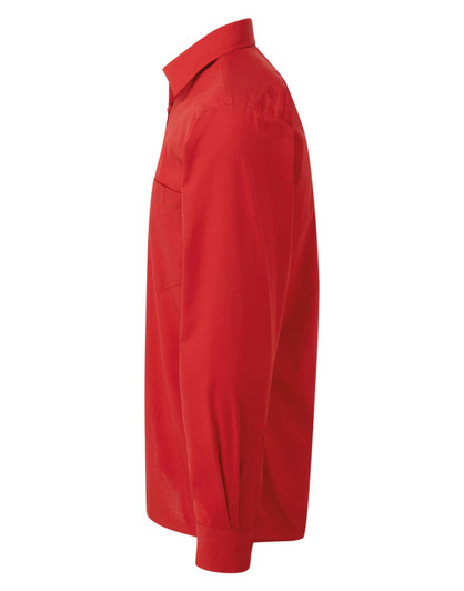 A red button-up shirt with long sleeves, featuring a side view design and a logo on the chest area.