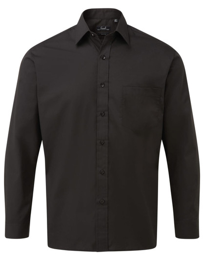 A long-sleeve button-up shirt in solid black with a collar and a single chest pocket.