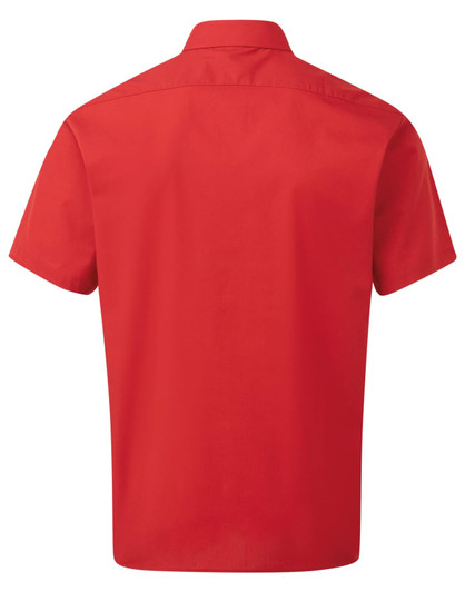 A short-sleeved red button-up shirt with a collar, featuring a logo on the back.