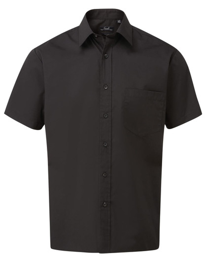 A black button-up shirt with a collar, short sleeves, and a single chest pocket. It features a logo.