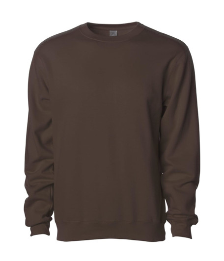 A brown basic crew sweatshirt with long sleeves and a casual fit, featuring a logo on the chest.