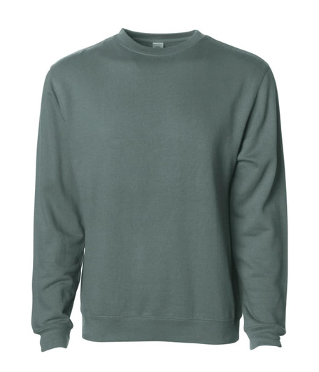 A basic crew sweatshirt in a muted green colour, featuring long sleeves and a crew neckline. It has a logo on the label.