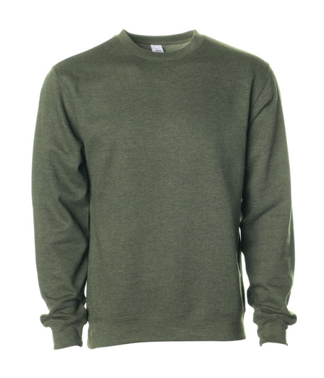 A green crew sweatshirt with long sleeves and a simple design, featuring a logo on the front.