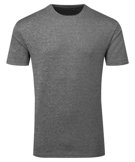 A grey textured t-shirt with a round neck and short sleeves, featuring a logo on the side.