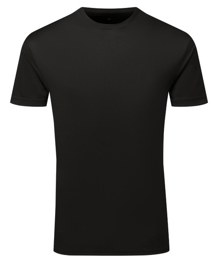 A black textured t-shirt made from cationic recycled fabric, featuring a simple crew neck design.