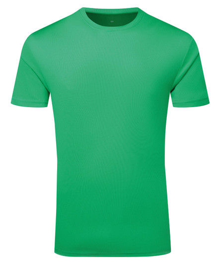 A green textured t-shirt with a crew neck and short sleeves. It has a logo on the label.