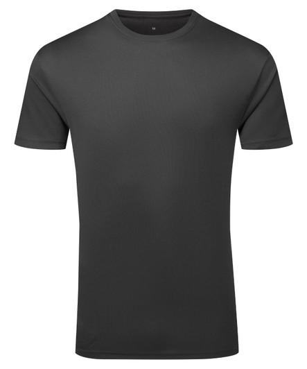A black textured t-shirt made from recycled materials, featuring a simple design and a logo on the label.