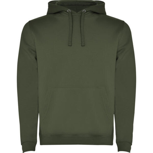 A green hooded sweatshirt with a kangaroo pocket and drawstring hood, featuring a branding logo.