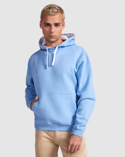 A blue hooded sweatshirt with a pouch pocket and drawstring hood, worn by a model against a plain background.