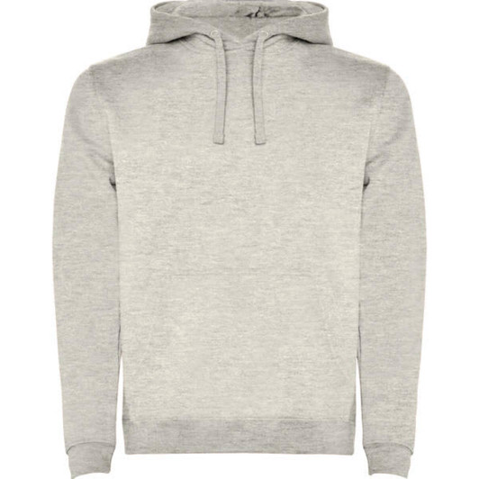 A grey hooded sweatshirt featuring a front pocket and drawstrings, with a small logo on the chest.