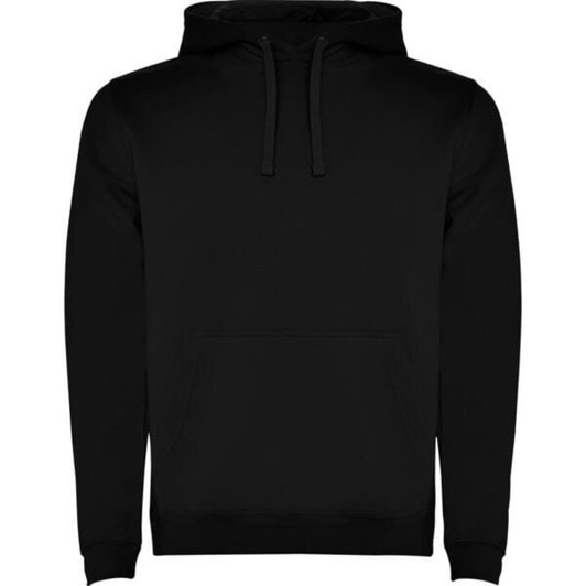 A black hooded sweatshirt with a front pocket and drawstrings, featuring a logo.