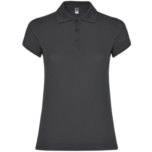 A women's polo shirt in dark grey featuring short sleeves and a button-up collar. The shirt includes a logo.