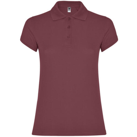 A maroon women's polo shirt featuring a collar and button placket, with a logo on the chest.