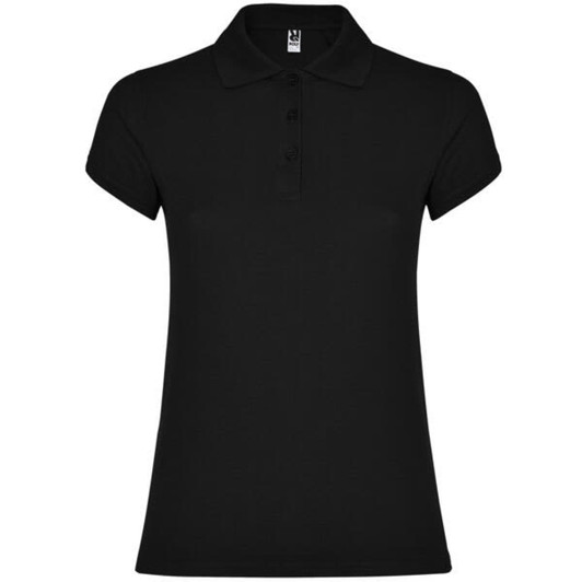 A black women's polo shirt featuring a collar and short sleeves, with a logo on the chest.