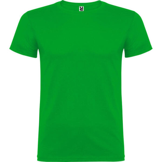 A green T-shirt with a crew neck and short sleeves, featuring a logo on the neckline.