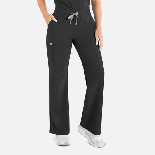 A pair of black wide-leg pants with a full elastic waist, featuring side pockets and a drawstring.