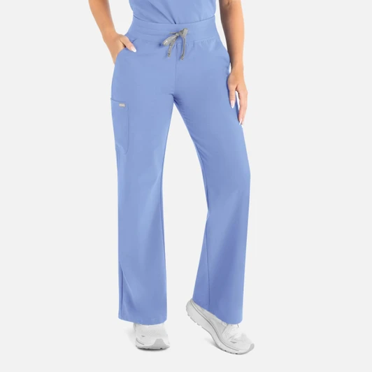 Light blue high waist, full elastic, wide leg scrub pants with front pockets and a drawstring waistband, featuring a logo.