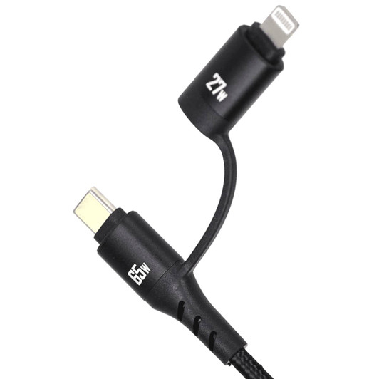 A black fast charging data cable with USB-C and Lightning connectors, featuring a braided design and power ratings on the ends.