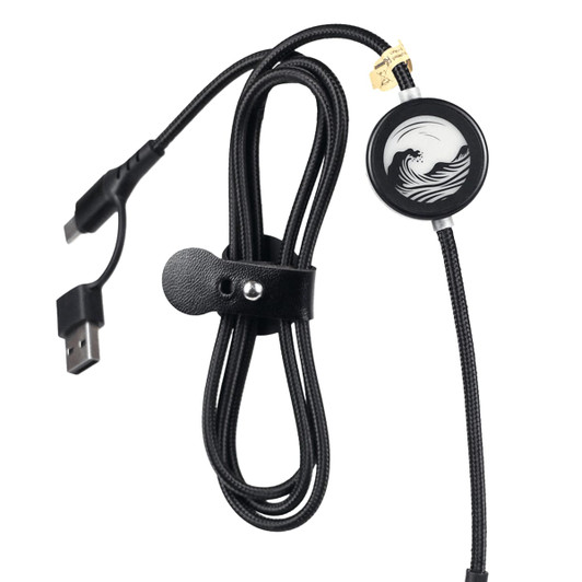 A black fast charging data cable with a wave design on the connector and a strap for organisation.