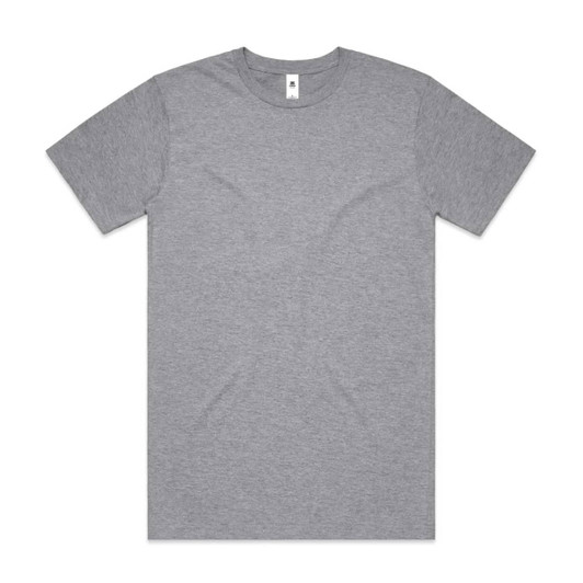A grey t-shirt with short sleeves and a round neck, featuring a logo on the label.