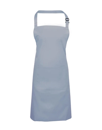 A blue bib apron with a pocket and adjustable neck strap, featuring a branding logo.