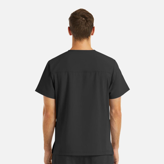 A black men's V-neck top featuring four pockets, designed with a sleek back view and a logo.