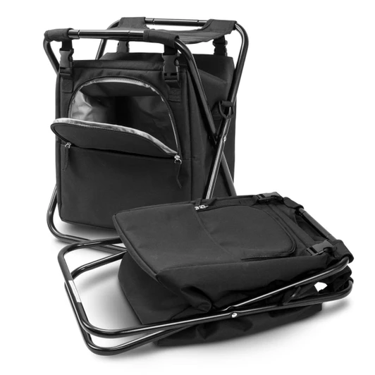 A black cooler seat with a folding metal frame and front pocket, featuring a sleek design for easy transport.