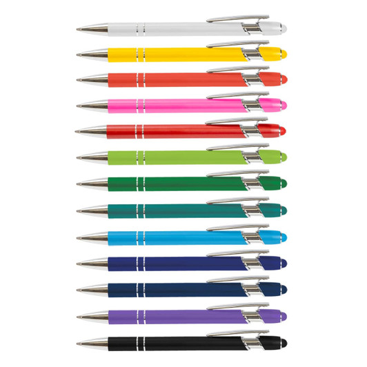 A set of stylus pens in various colours, including white, red, pink, green, blue, and black, featuring silver accents.