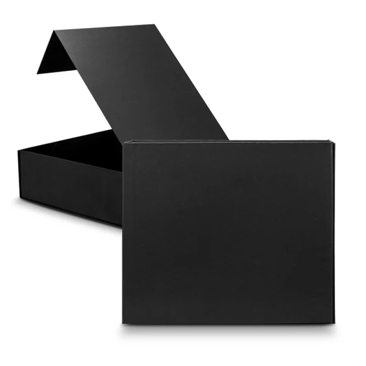A large black magnetic lid gift box, open to reveal its spacious interior, featuring a sleek design and branding.