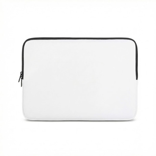 A small laptop sleeve in white with a black zipper and trim. It features a logo.