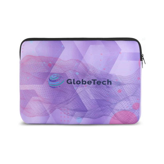 A large laptop sleeve in purple hues features a mesh design and a logo.
