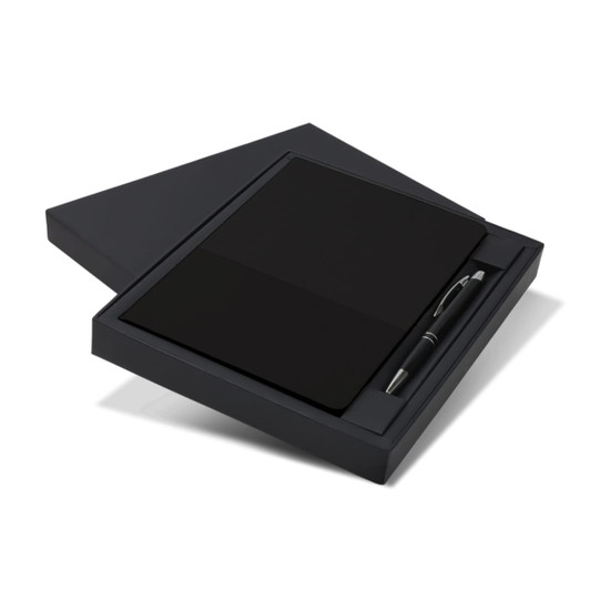 A black notebook and pen set presented in a matching black gift box featuring a logo.