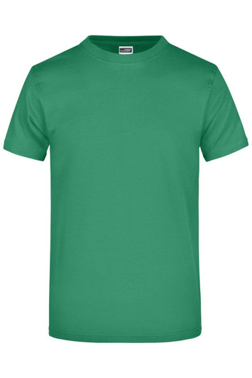 A green, short-sleeved t-shirt featuring a logo on the front.