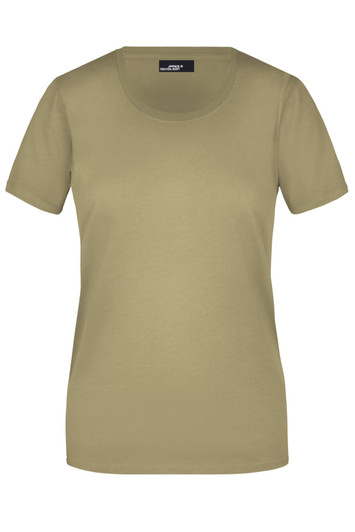 A ladies basic T-shirt in a light khaki colour with a round neckline and short sleeves. It features a logo on the tag.
