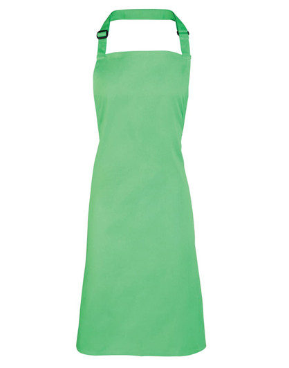 A green bib apron with a neck strap and adjustable buckle, designed for chefwear uniforms.