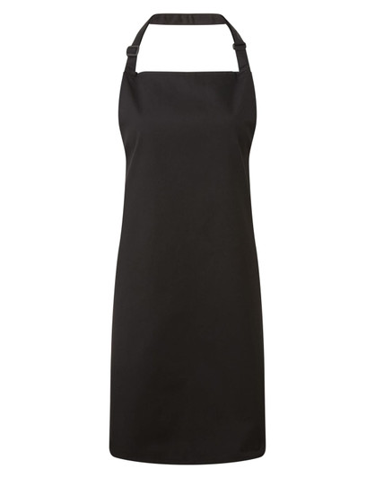 A black bib apron with a neck loop and waist ties, featuring a branding logo.