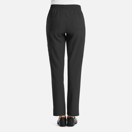 Full elastic pull-on pants in black, featuring a straight leg cut and two back pockets. Includes a logo.