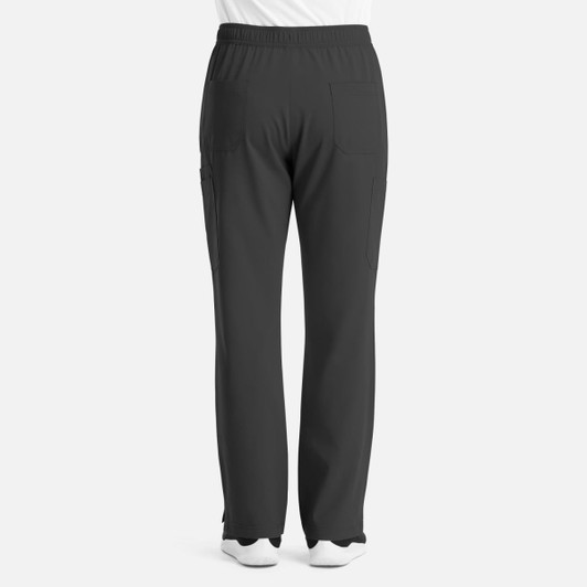 A pair of men's cargo pants in dark grey, featuring a comfortable elastic waist and multiple pockets on the back.
