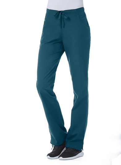A pair of women's half elastic pants in teal, featuring a drawstring waist and a logo on the side.