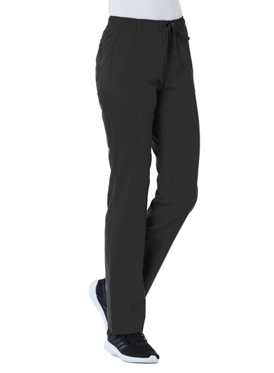 Full elastic cargo pants in black, featuring side pockets and a drawstring waist. Suitable for casual wear.