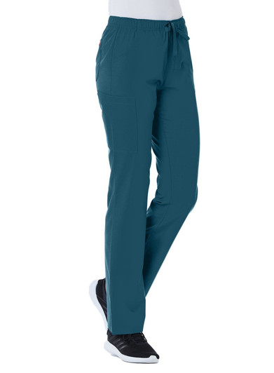 Teal women's cargo pants with elastic waistband and pockets, displayed on a model wearing black shoes.