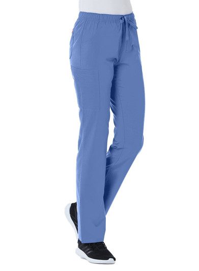 A pair of women's full elastic cargo pants in a serene shade of blue with side pockets and a drawstring waist.