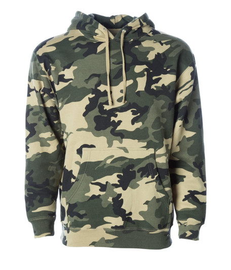 A heavyweight pullover hood in a camouflage pattern featuring shades of green and tan. It has a front pocket and a hood.